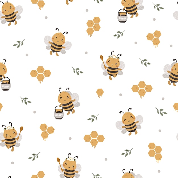 Padrão sem costura com kawaii cute bee, arco-íris e flor de doodle, fundo de animais de desenho animado, design