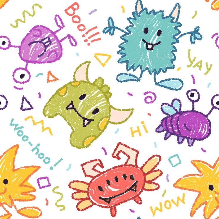 Vetor padrão sem costura com lápis crianças desenhando vector desenho animado doodle ilustração com bonito mons