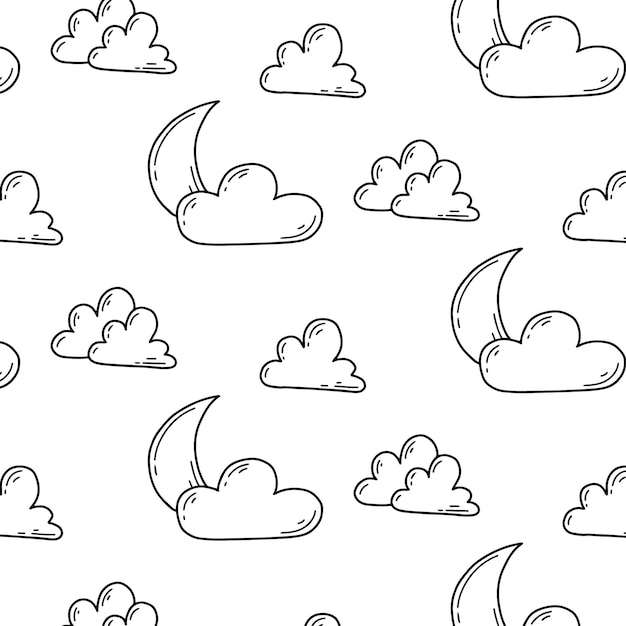 Vetor padrão sem costura com lua e nuvens impressão de boa noite estilo doodle ilustração vetorialpadrão infantil