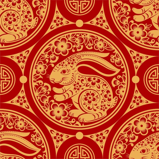 Padrão sem costura com o ano novo chinês 2023 ou ano do zodíaco do festival do meio do outono do signo de coelho com elementos asiáticos