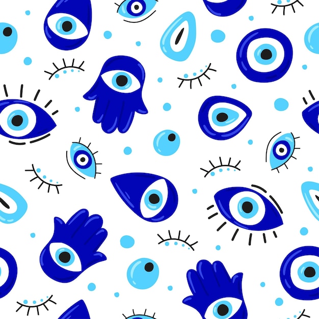 Vetor padrão sem costura com olhos malvados dos desenhos animados olho malvado azul hamsa mão de ilustrações vetoriais de fátima