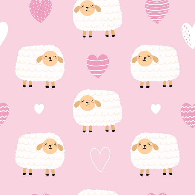 Vetor padrão sem costura com ovelhas bonitas e coração para o seu tecido crianças roupas têxteis decoração de creche presente embrulho de papel bebês camisa