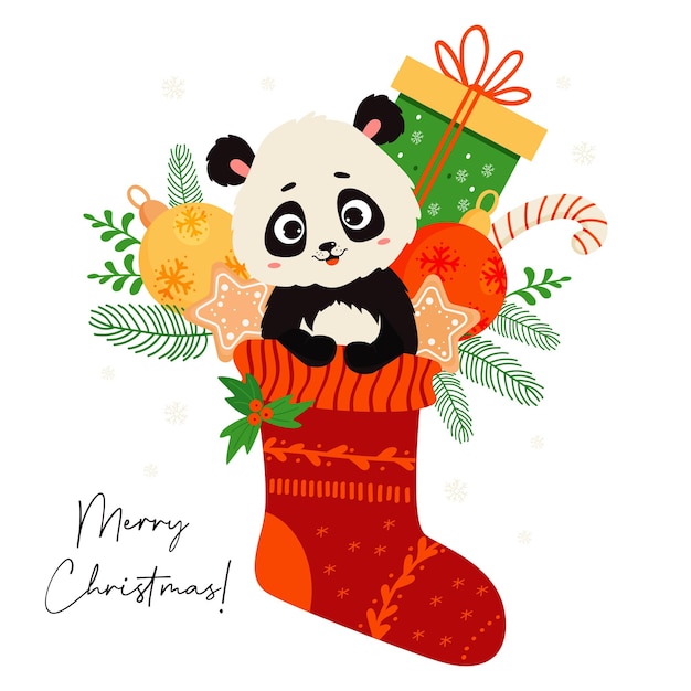 Vetor padrão sem costura com panda animal bonito em meia de natal com pão de gengibre e bolas de presente