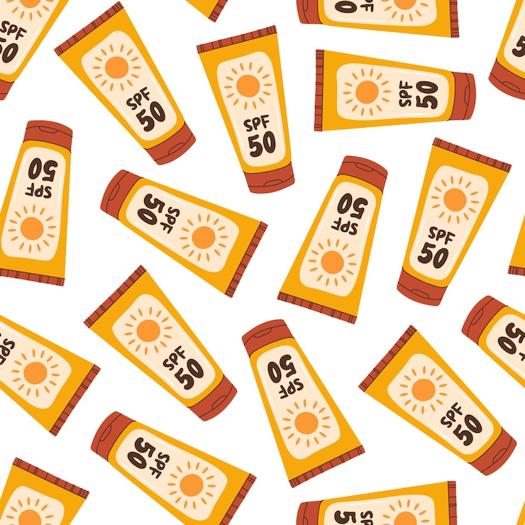 Vetor padrão sem costura com protetores solares spf 50 um tubo de protetor solar para proteção solar bronzeamento seguro