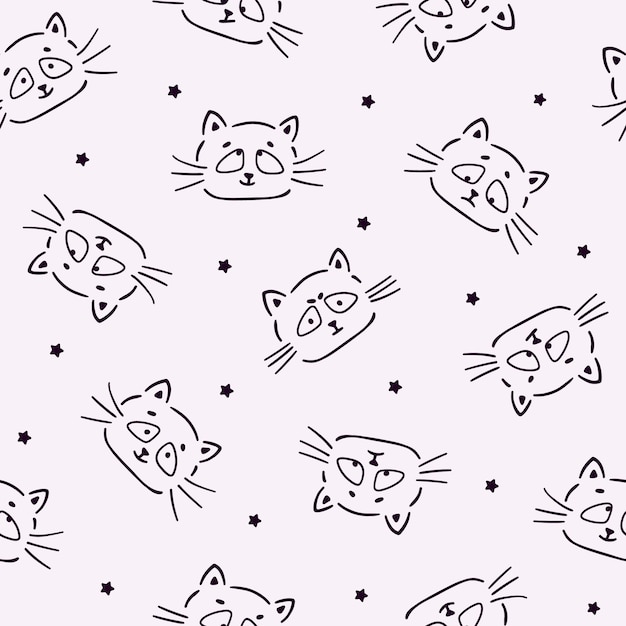 Vetor padrão sem costura com rostos de gatos e estrelas estilo doodle fundo infantil desenhado à mão design para têxteis