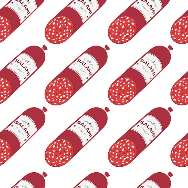 Padrão sem costura com salsicha salame fatiada em vetor de fundo branco ilustração plana