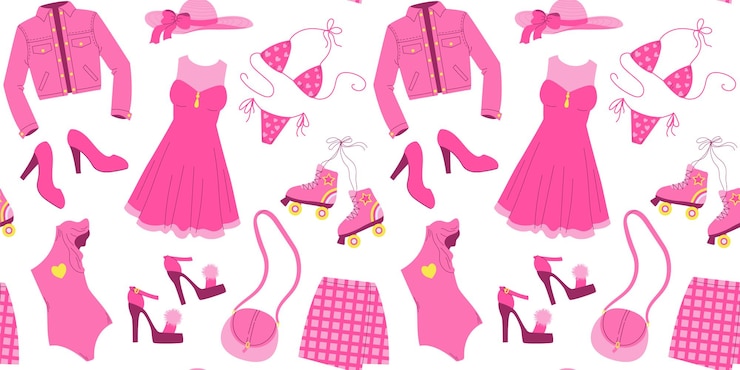 Vetor padrão sem costura com sapatos de banho de saco de roupa rosa glamourosa e moderna em fundo branco