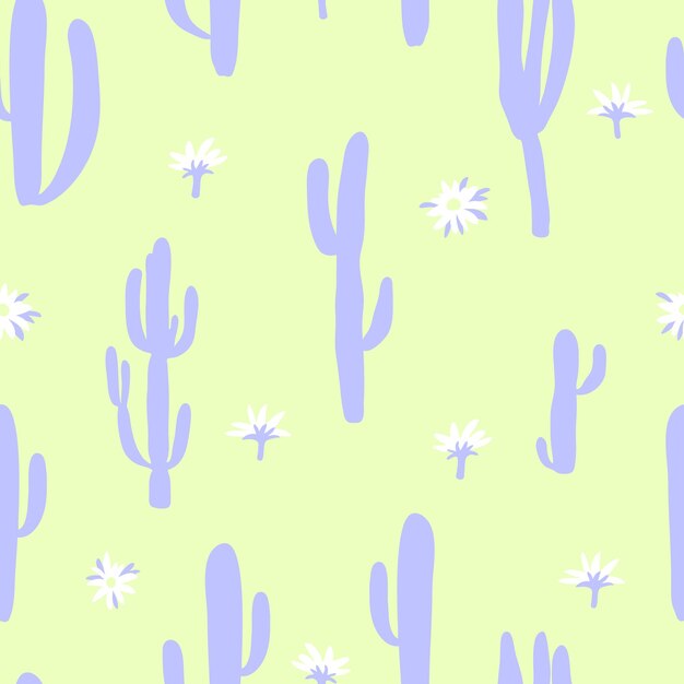 Padrão sem costura com silhuetas de cactos e flores Cores azuis e amarelas Desenho desenhado à mão