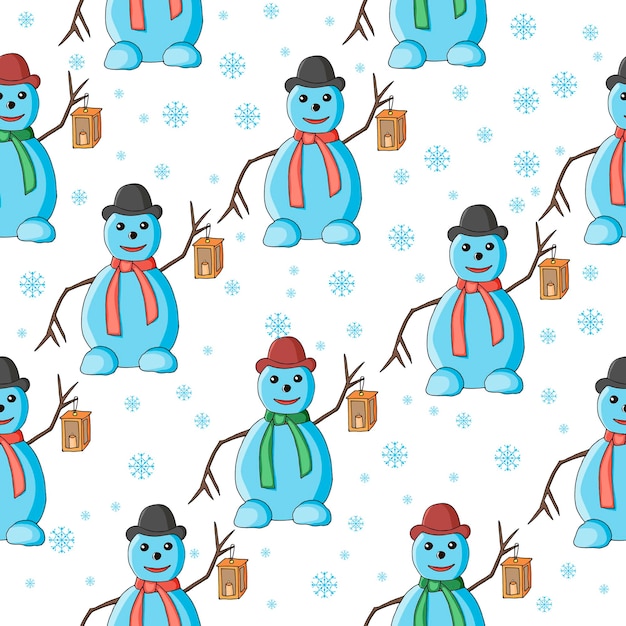 Padrão sem costura com tema de natal bonecos de neve e flocos de neve são usados