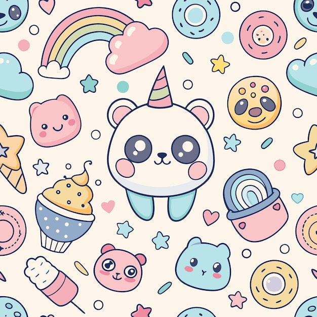 Padrão sem costura com um bonito desenho animado unicórnio panda urso donuts estrelas arco-íris e outros elementos kawaii