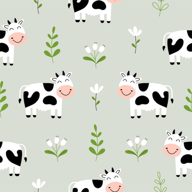 Padrão sem costura com vaca bonita e flores para o seu tecido crianças roupas têxteis decoração de creche embrulho de presente papel bebês camisa ilustração vetorial