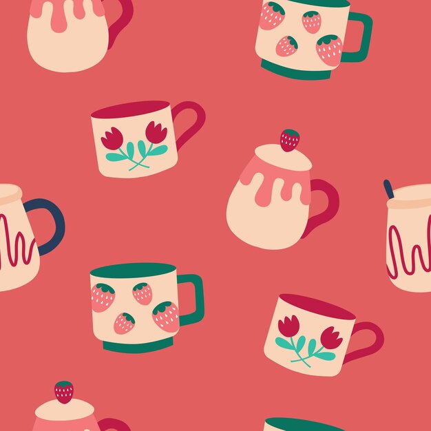 Padrão sem costura com várias xícaras de chá pratos bonitos diferentes formas e ornamentos fundo rosa