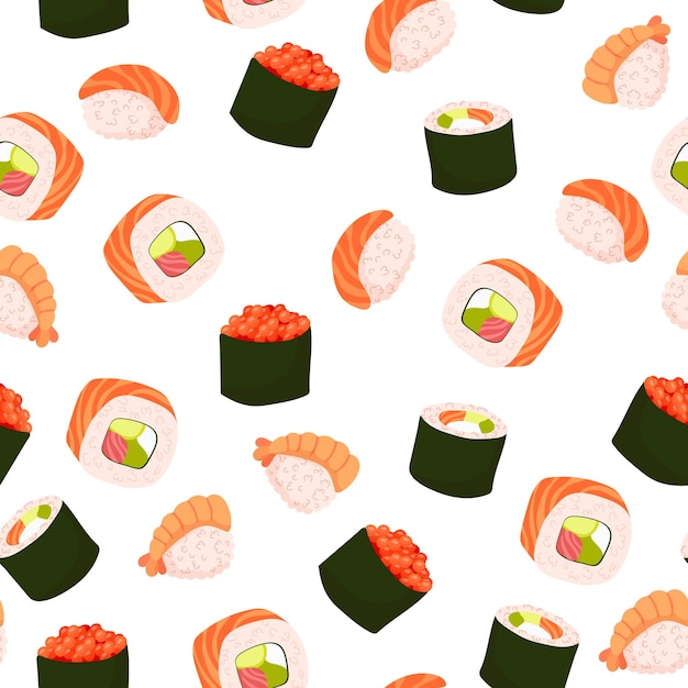 Padrão sem costura Conjunto para sushi Diferentes tipos de sushi e pãezinhos Tradicional Japonês