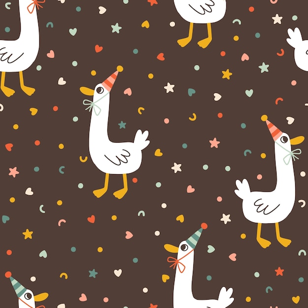 Padrão sem costura de aniversário com um patinho bonito em um cone com salpicaduras de confete Vector desenhado à mão