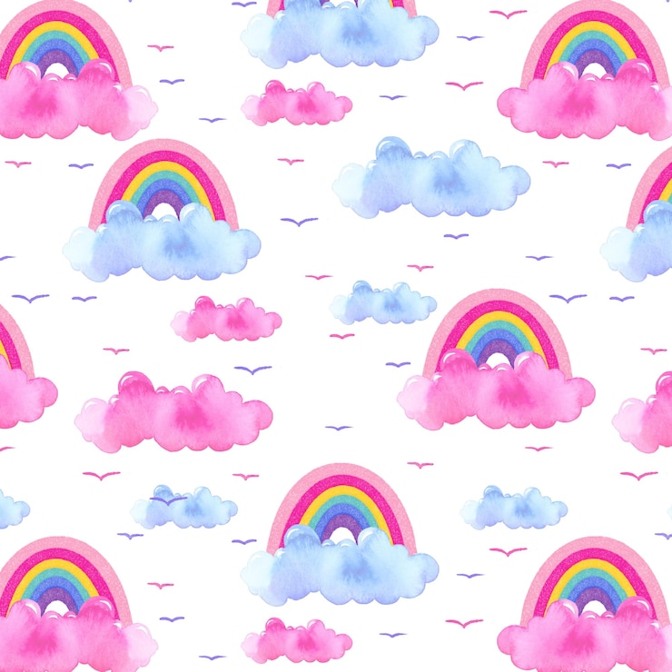Vetor padrão sem costura de aquarela para a sala das crianças com nuvens azuis e rosas e arco-íris bonitos