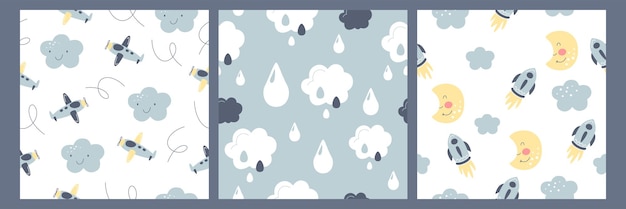 Padrão sem costura de bebê boêmio desenhado à mão desenho de berçário boho com nuvens gotas de chuva lua bonita