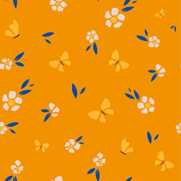 Padrão sem costura de borboletas e flores Fundo vintage romântico para papel decorativo de tecido têxtil em um fundo laranja