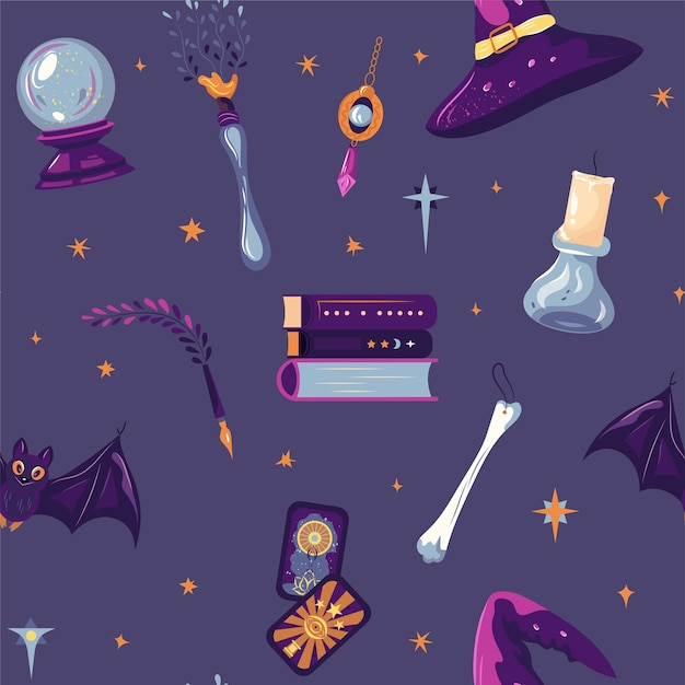 Padrão sem costura de bruxaria Feliz dia de Halloween desenho de impressão vetorial mágica com livros de velas de morcego de chapéu