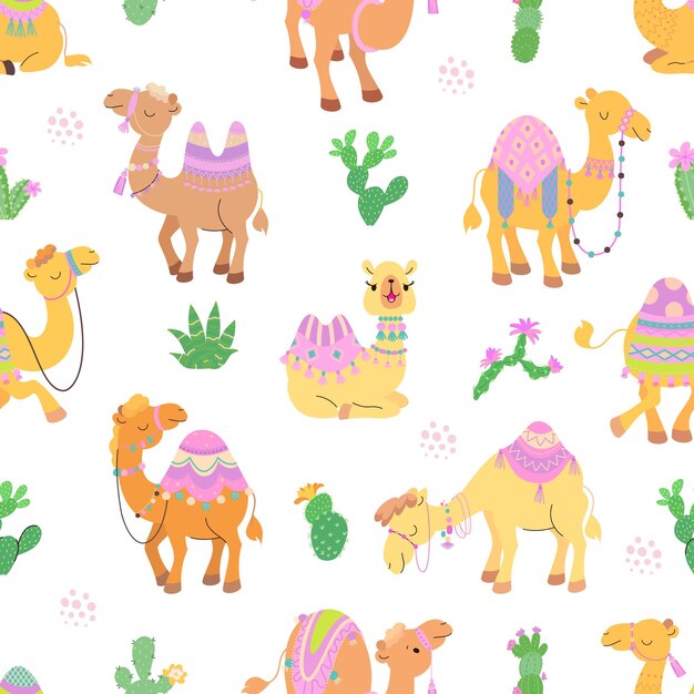 Padrão sem costura de camelo Impressão de tecido de camelos de desenho animado Animais de estilo árabe bonitos Design decorativo para crianças com personagens engraçados fundo vetorial atual