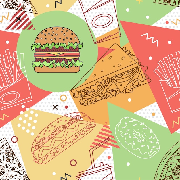 Padrão sem costura de fast-food Elementos geométricos da moda Ilustração vetorial