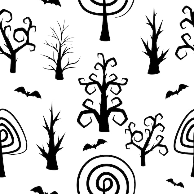 Vetor padrão sem costura de halloween com ilustração vetorial de morcego de árvore