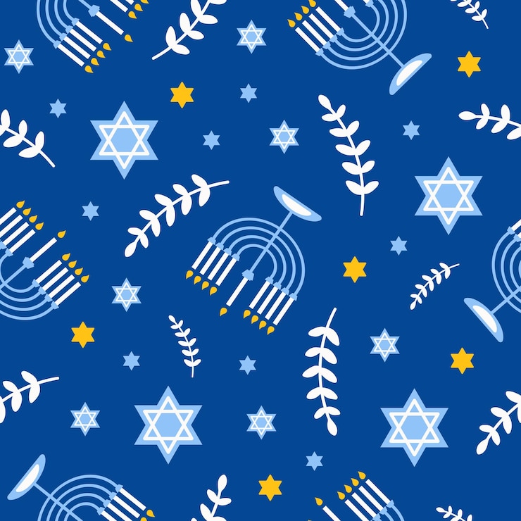 Vetor padrão sem costura de hanukkah feliz com símbolos criativos em fundo azul