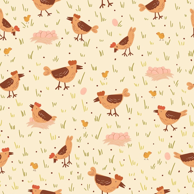 Padrão sem costura de Happy Chicken Backyard