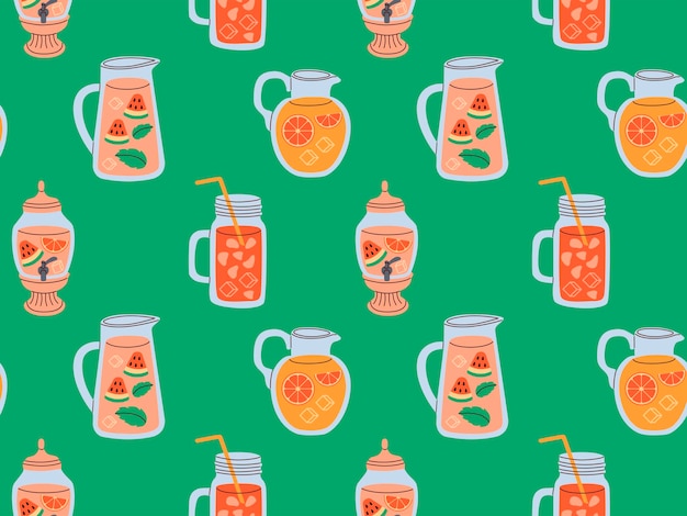 Padrão sem costura de jarros de limonada com cubo de gelo e várias frutas bebida refrescante com folhas de hortelã em jarro com ilustração vetorial plana de palha