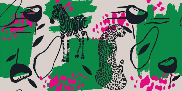 Vetor padrão sem costura de leopardo e zebra com folhas tropicais em fundo vector