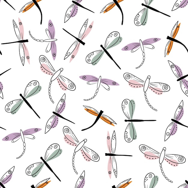 Padrão sem costura de libélula insetos desenhados à mão de rabiscos bonitos em cores pastel da moda