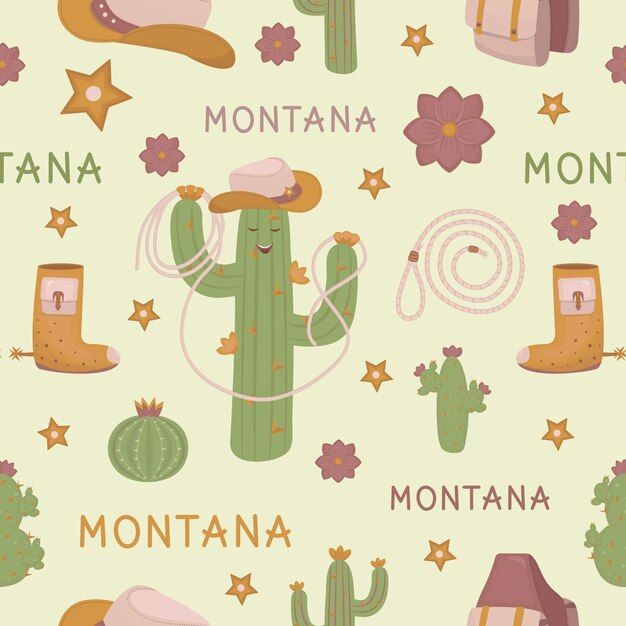 Padrão sem costura de montana em fundo vetorial de cor de estilo boho com um cowboy cactus
