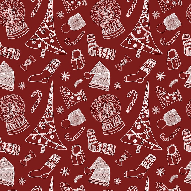 Vetor padrão sem costura de natal árvore de natal meias patins no gelo caixa de presente bola de cristal bastão de doces elementos de férias desenhados à mão isolados em fundo vermelho escuro