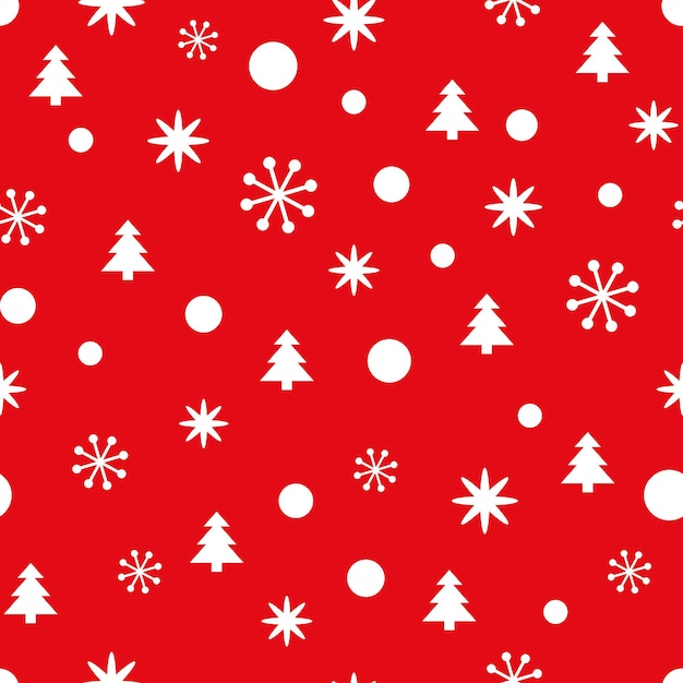 Padrão sem costura de natal vermelho com neve de pequenos flocos de neve e árvores de natal fundo de ano novo para papel de parede tecido têxtil embalagem modelo de presente banner impressão ilustração vetorial de inverno