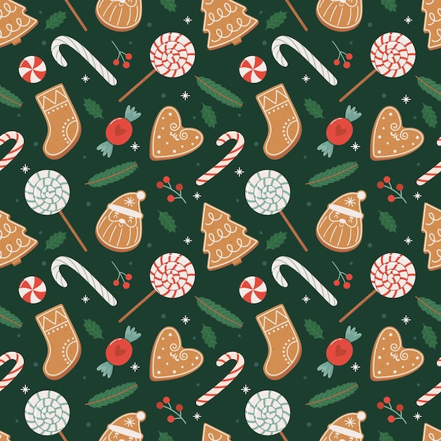 Vetor padrão sem costura de pão de gengibre fundo festivo com biscoitos doces folhas e bagas ilustração vetorial em estilo de desenho animado plano em fundo verde