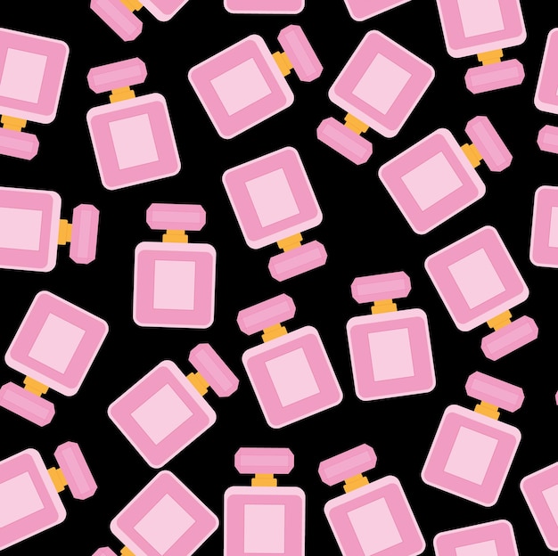 Padrão sem costura de perfume em garrafas cor-de-rosa de estilo retro em um fundo preto vector de moda