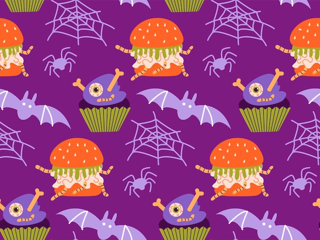 Vetor padrão sem costura de pratos para comida estranha de halloween comida assustadora de halloween de olhos monstruosos cérebros vermes ilustração vetorial plana