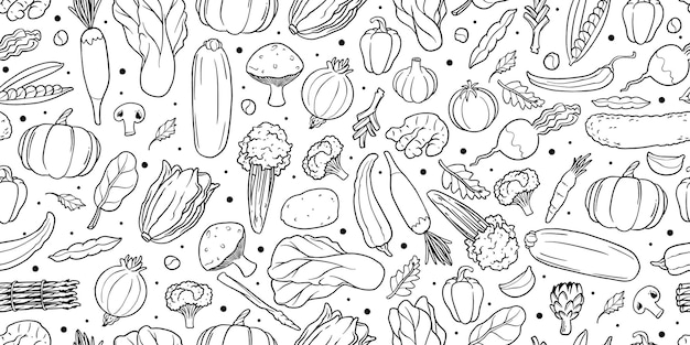 Padrão sem costura de vegetais com arte de linha de rabiscos desenhada à mão