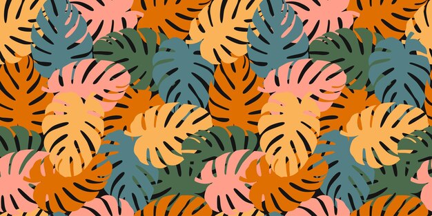 Padrão sem costura de verão ornamental criativo à moda folhas coloridas vintage estilo retro textura vetorial