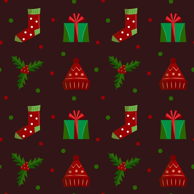 Vetor padrão sem costura de véspera de ano novo castanho com elementos festivos envolvimento de natal com ilustrações