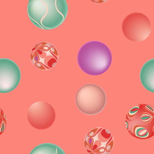 Padrão sem costura de vetor abstrato lúdico com bolas 3d e gradientes formas geométricas dinâmicas 3d em cores vivas de vermelho violeta e verde menta