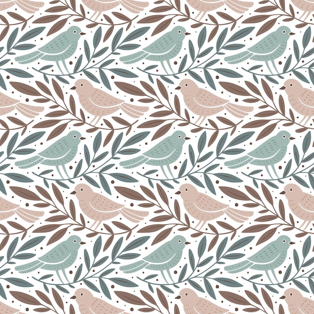 Padrão sem costura desenhado à mão com pássaros e galhos decorativos Padrão Sem costura floral floral da natureza