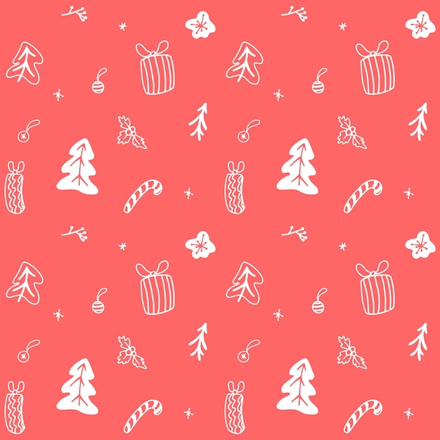 Padrão sem costura desenhado à mão de natal em estilo doodle cores vermelhas e pretas em fundo branco