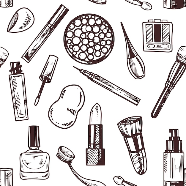 Padrão sem costura desenhado à mão, rabiscos, cosméticos, elementos de beleza e autocuidado para salão de beleza.