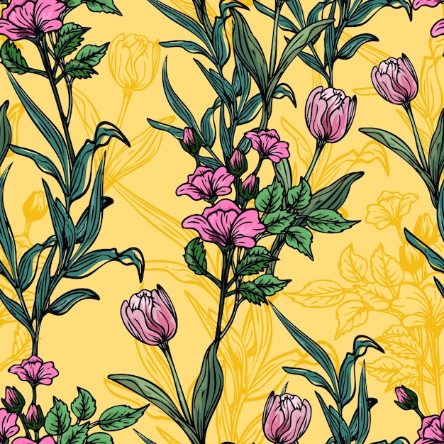 Padrão sem costura elegante e colorido desenhado à mão com ilustração de design floral botânico