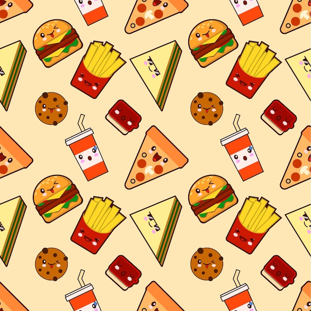 Vetor padrão sem costura engraçado fofo fast food kawaii com rosto humano sorridente design plano vector