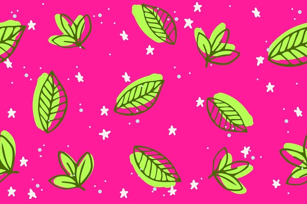 Padrão sem costura floral infantil têxtil Fundo com folhas verdes em fundo rosa e estrelas para impressão de decoração de casa de papel de embrulho de tecido