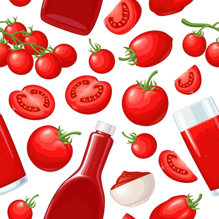 Vetor padrão sem costura garrafa de ketchup molho em um prato suco ramo metade e fatia e fatia de tomates isolado no fundo branco ilustração plana de cor vetor para menu e rótulo