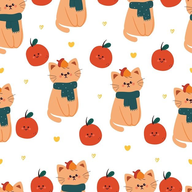 padrão sem costura gato de desenho animado vestindo lenço verde com papel de parede de animal lindo laranja para impressão de tecido
