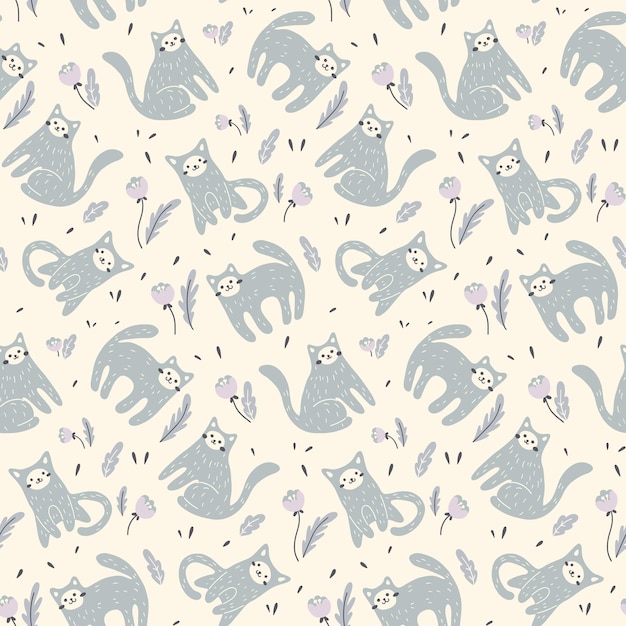 Padrão sem costura Impressão de bebê fofo com gatinhos de gato em cores pastel Vector