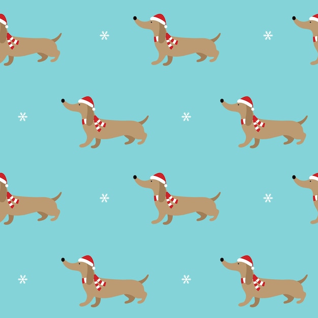 Padrão sem costura infantil com dachshund desenhado à mão e flocos de neve